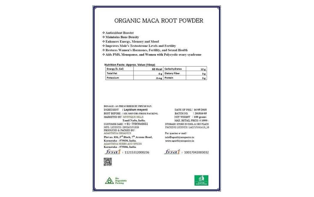Mystique Hills Organic Maca Root Powder   Box  100 grams